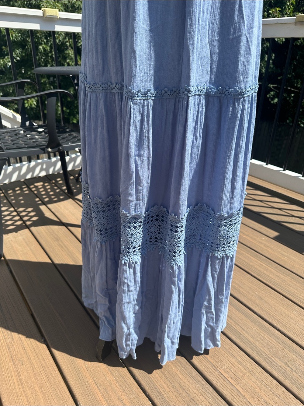 Simplee Apparel Light Blue Strapless Smocked Maxi Dress with Crochet Trim - Picture 3 of 5